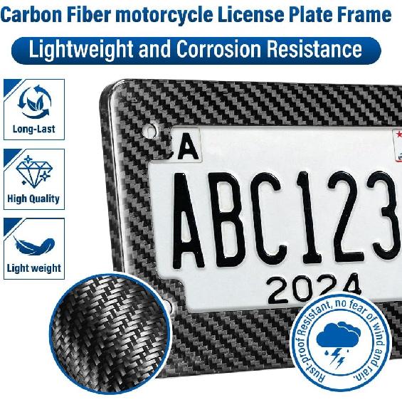 Motorcycle Real Carbon Fiber License Plate Frame Bracket 4-Hole – Heavy Duty Tag Holder for Motorcycle ATV UTV Scooter Moped – Black License