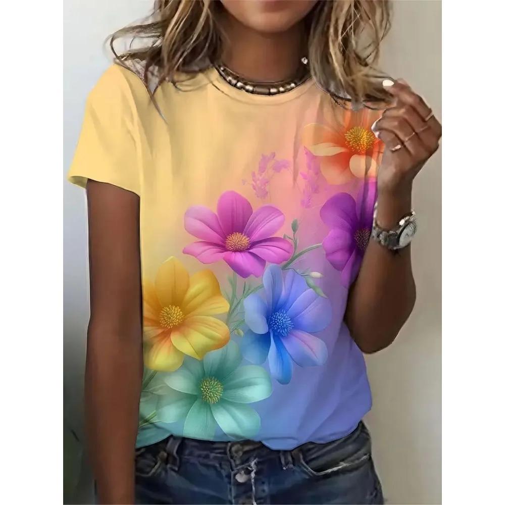 Sommer Mode T-Shirt Blume 3D Gedruckt Kurzärmeliges T-Shirt Modisch Bequem Weich Atmungsaktiv Groß Locker Damen T-Shirt