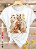Summer New T-Shirt Women's Floral Fox Print Elegant Retro Style Versatile Casual Round Neck Top for Spring, Summer and Autumn