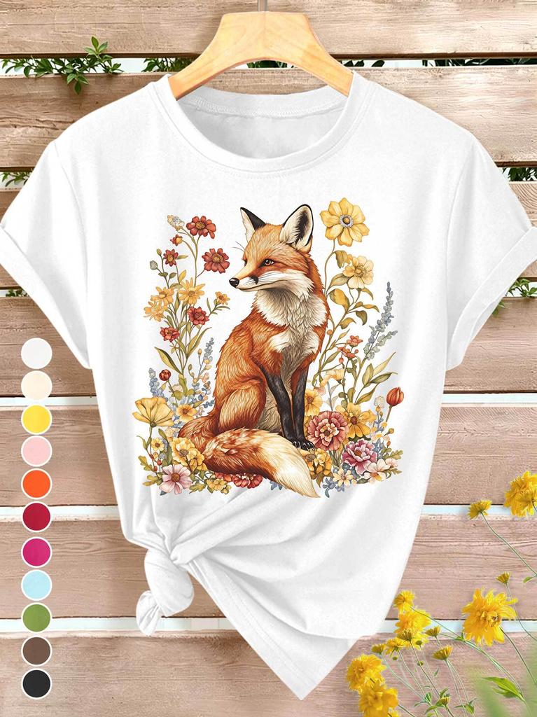 Summer New T-Shirt Women's Floral Fox Print Elegant Retro Style Versatile Casual Round Neck Top for Spring, Summer and Autumn