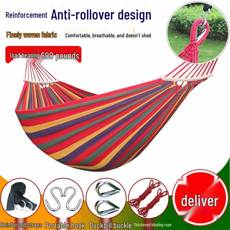 Outdoor Double-Thick Canvas Hammock with Bent Wood Design and Anti-Rollover Feature