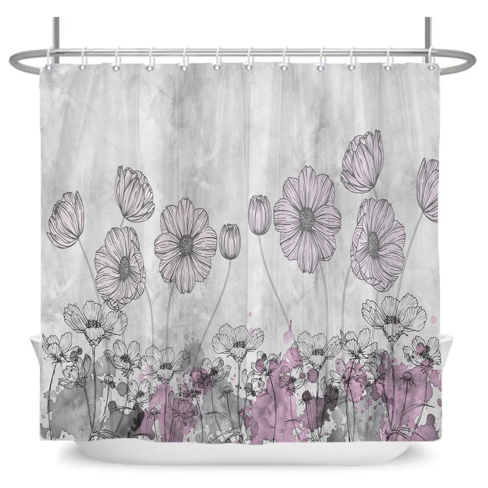 Plants Flower Shower Curtains Butterflies Bathroom Bathtub Decoration Waterproof Polyester Bath Curtain Home Decor with Hooks