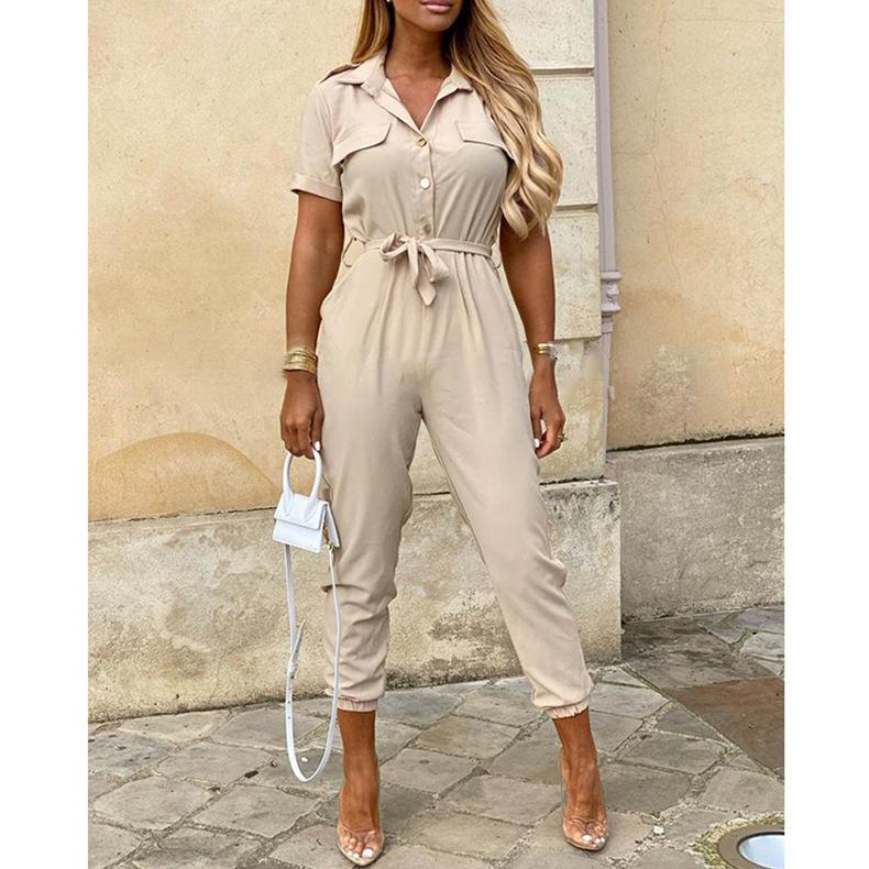 Summer Women's Trousers Casual Lapel Button Print Belt Cargo Jumpsuit