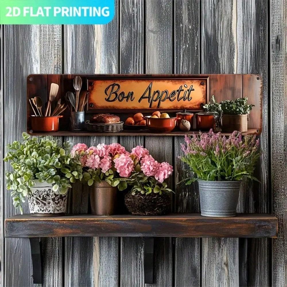 Vintage French Bon Appétit Metal Wall Sign, Rustic Farmhouse Kitchen Decor, Pre-Drilled Holes, 15.7x3.9 Flat Wall Art