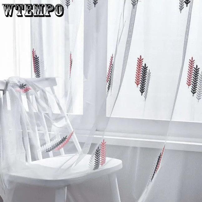 WTEMPO 2PCS Embroidered Window Screen Curtains Nordic Finished Bay Window Screens Bedrooms Living Rooms Mosquito Proof Simple Modern Gauze Curtains