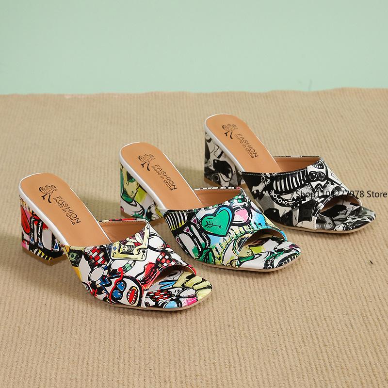 Fashion Womens Sandals Printed Summer 2025 New Thick-heeled Popular High-heeled Sexy All-match Half-slippers Open Toe Casual Basic Shoes