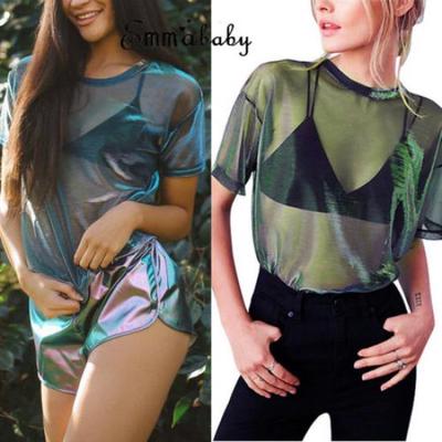 Camiseta transparente de malla sexy para mujer, top con perspectiva de manga corta, camiseta transparente para fiesta de baile