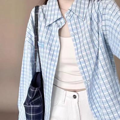 Σχέδιο Κορεατικού Στυλ, Μοναδικό Καρό Μπλε Πουκάμισο, Γυναικείο Αντηλιακό Μπουφάν, Λεπτό Φαρδύ Πουκάμισο Μακρυμάνικο Μάρκας για Άνοιξη και Καλοκαίρι
