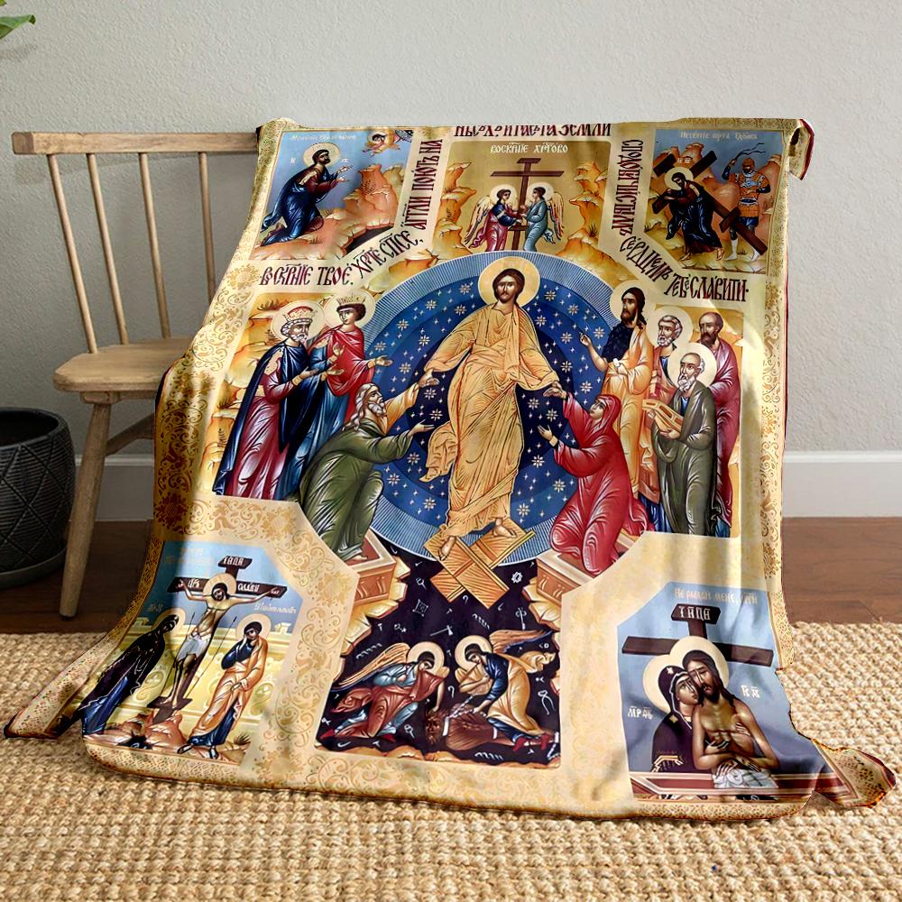 Icon of Jesus with Religious ScenesFlannel blanket for bedroom, living room, sofa, and nap
