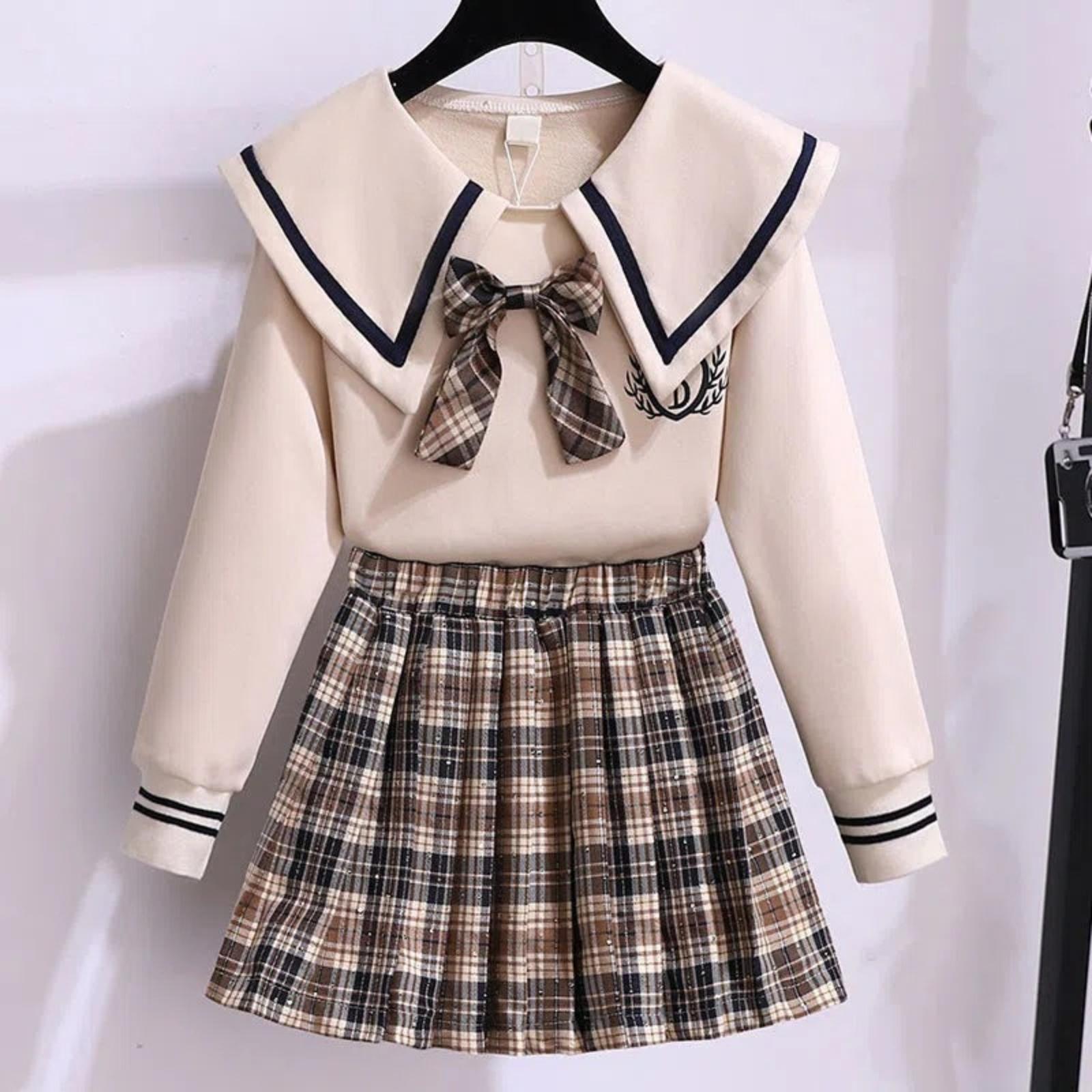 

Girls Sweatshirt Set Children s Spring Stylish Pleated Skirt Two-Piece Preppy Outfit For Girls 130 бежевый