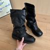 Brown boots women's autumn and winter new pleated thin stacking boots retro style thick-soled Maillard pant tube boots medium boots