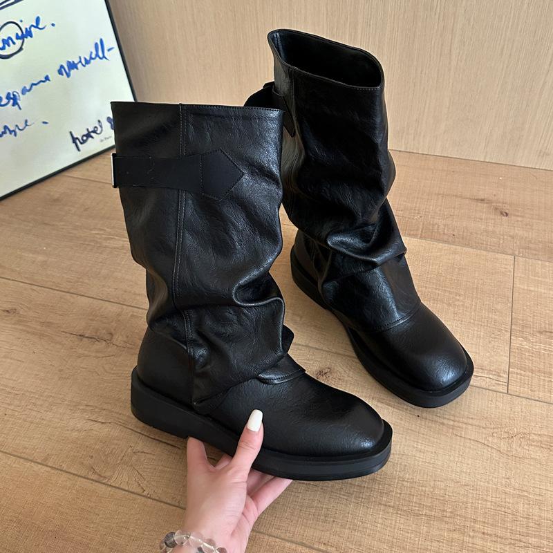 

Cowhide version~ retro round head thick-soled thick-heeled trouser tube boots women s 2025 new metal belt buckle flat-bottomed medium boots 40 чёрный