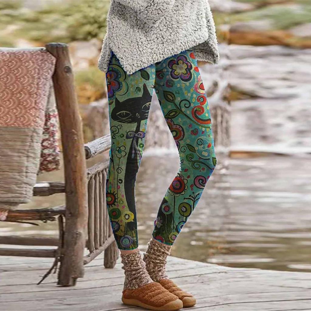 Women Cat Printed Elastic All-match Slim Casual Long Boot Pants Leggings