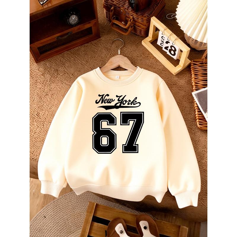 Unisex Kids Black Crewneck Sweatshirt For 4-12 Boys Girls Cursive New York Top Large White Outline Number 67 Varsity Print Soft Long Sleeve Pullover