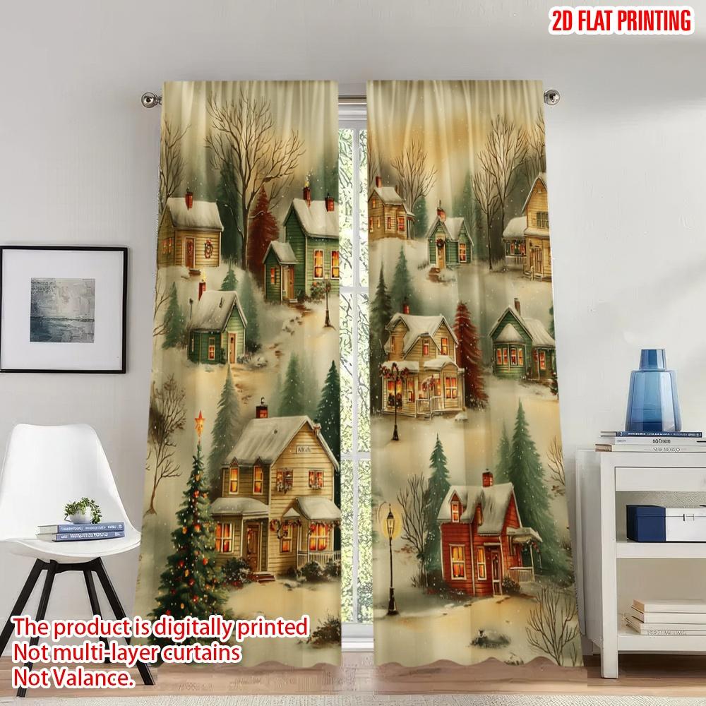 

2pcs 2D flat printing Christmas Party Curtains Cozy Christmas Village Winter Scenery Digital Printed Polyester Drapes Festive 100*130 Rod Pocket 1pcs