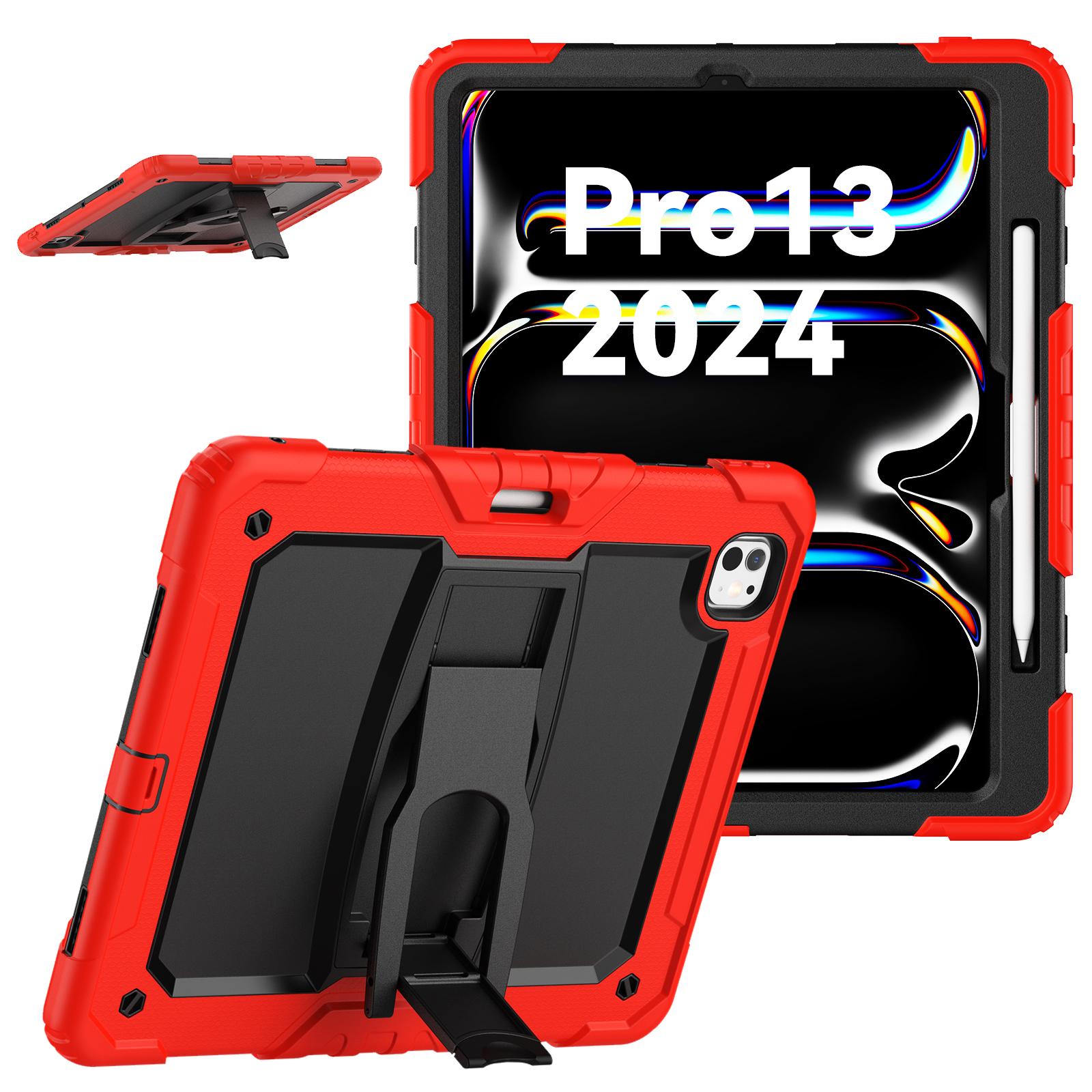 

For iPad Pro 13 (2024) Kickstand Case PC+Silicone Tablet Cover with Pen Slot/Shoulder Strap Red