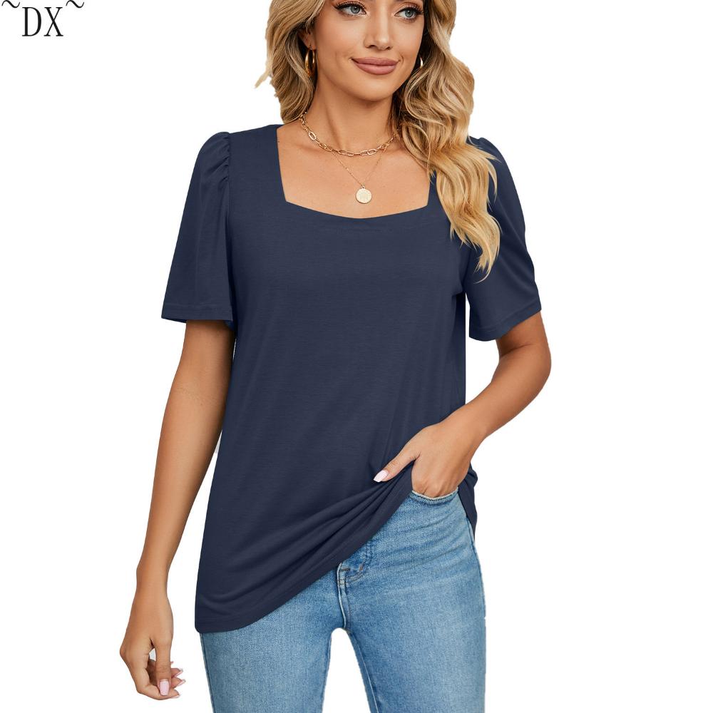 DX~~ Весенне-летняя новая однотонная свободная футболка с квадратным воротником — фото 27