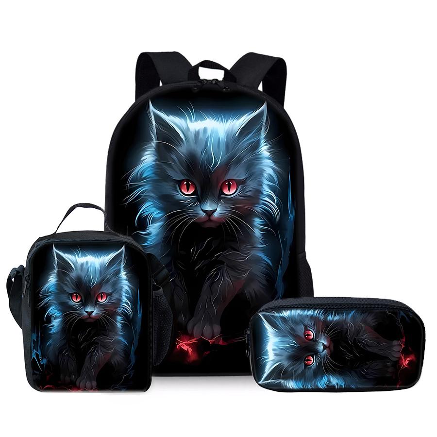 Ensemble Trois Pièces Animal Chat Sac à Dos+Sac à Déjeuner+Trousse à Crayons Pour Garçon/Filles Enfants Meilleurs Cadeaux Dessin Animé 2D Adolescents Sac d'École pour Ordinateur Portable