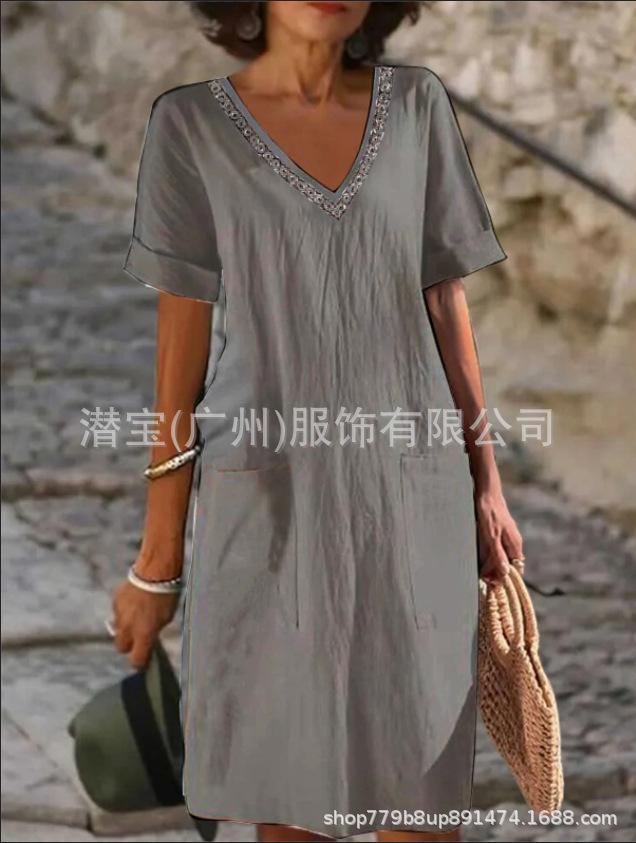 New European and American women's clothing solid color cotton and linen lace short-sleeved summer hot-selling dress