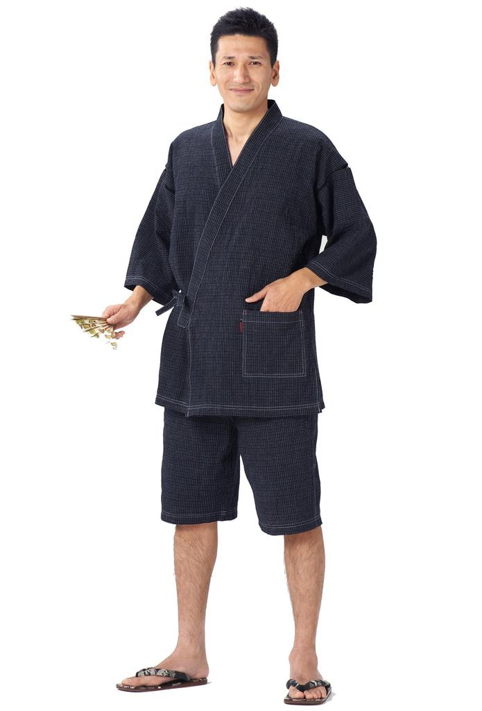 Watanosato Kurume Chijimi Woven Jinbei with a Patterned Pattern, Made In Japan, Quality First, Sizes S/M/L/LL/3L (LL, Navy)