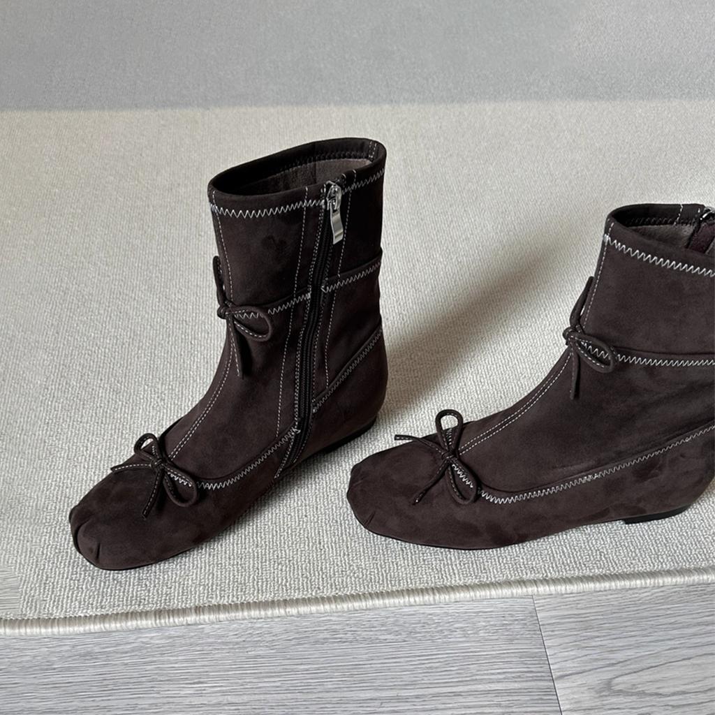 Lammfellversion~ Französische runde Zehen Schleife innen höhenerhöhende kurze Stiefel Damen elastische dünne Stiefel Reißverschluss hinten Temperament kleine nackte Stiefel