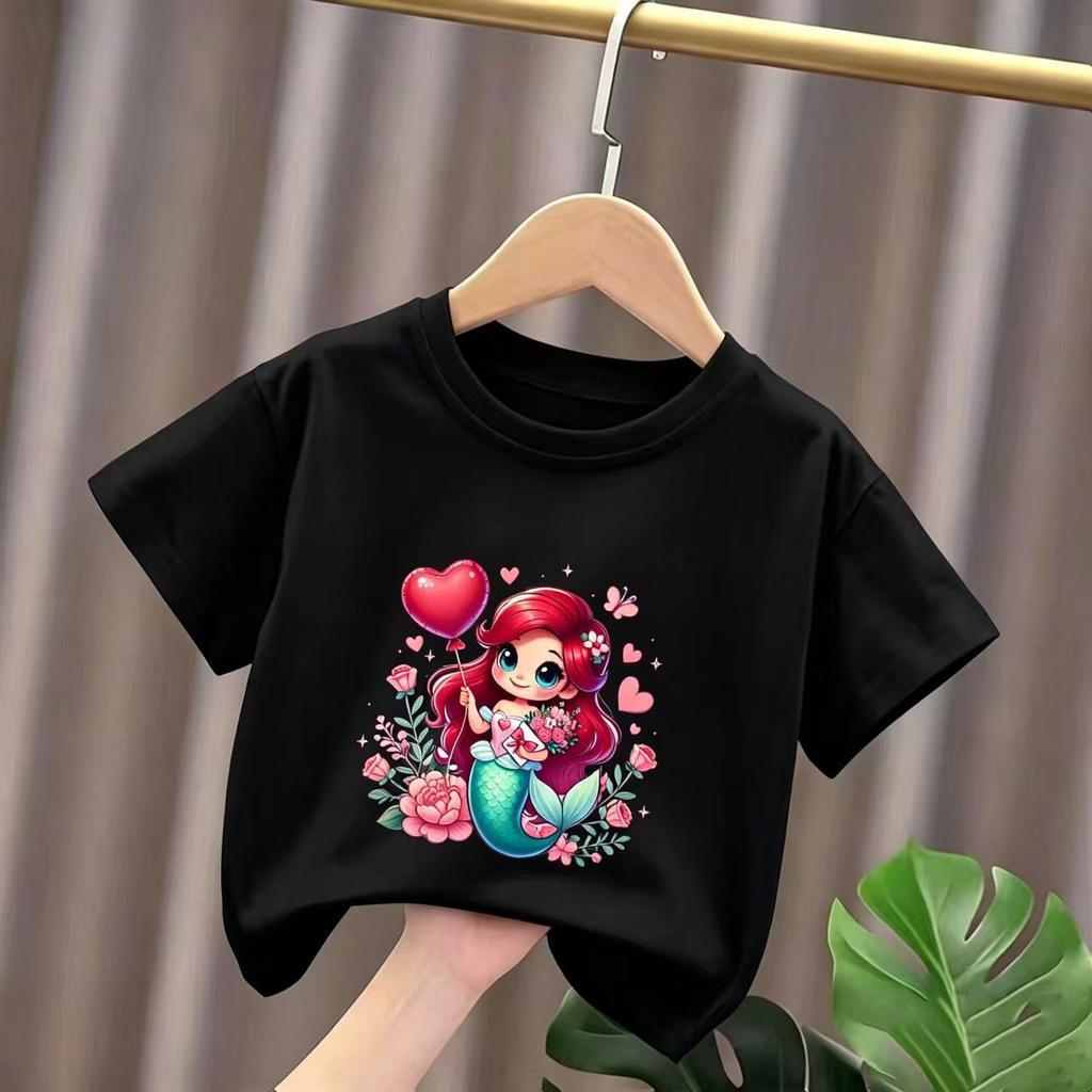 Summer Girls ShortSleeved Cartoon Mermaid Print Pure Cotton Breathable Girls Casual TShirt 2026 New Style Summer Clothing