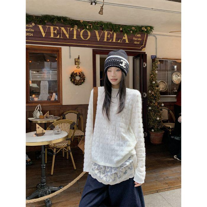 

White Lace Knit Top for Women - Autumn Winter Layered Design with Lace Hem Small білий