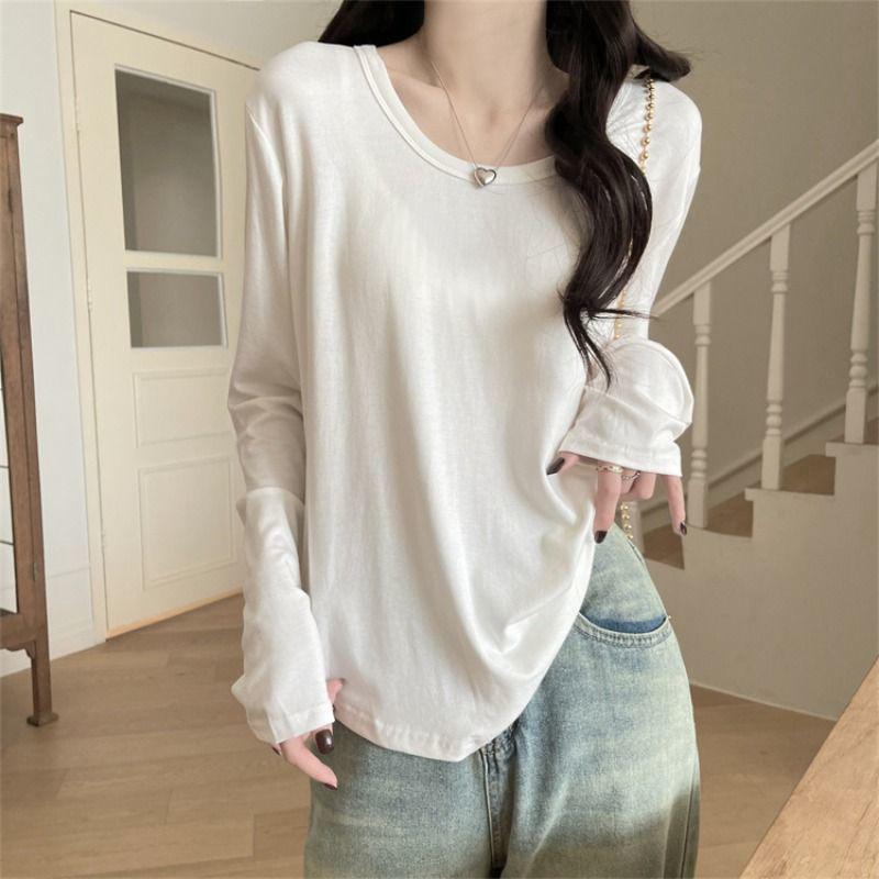 Women's Casual Slim Long-Sleeve T-Shirt – Versatile Solid Color for Early Autumn