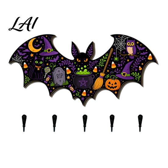 Decorative Entryway Key Hanger Halloween Bat Shaped Wooden Hook 2D Wall Mounted Hanging Decor with Holder for Pumpkin Ghost Witch Pattern,