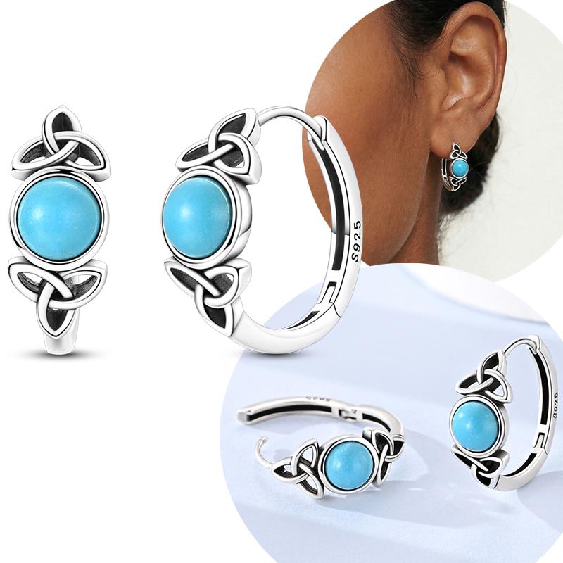 925 Silver Unique Design Celtic Knot Blue Turquoise Hoop Earrings For Women Jewelry Gift