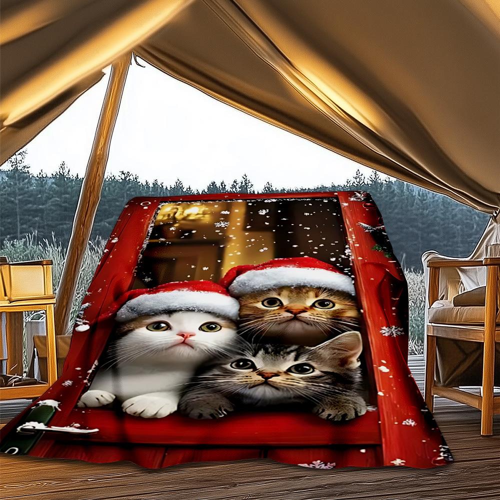 1pc Christmas Cats Outdoor Flannel Blanket Soft All Season Polyester Throw , Perfect for Picnics & Travel , Picnic Accessory