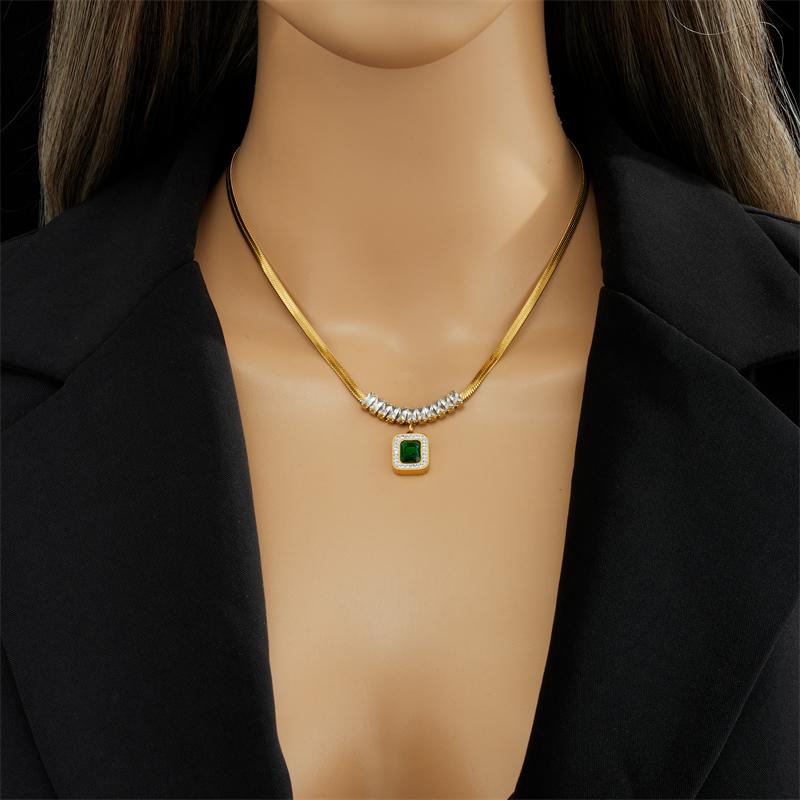 Stainless Steel Square Green Crystal Zircon Pendant Necklace Earrings Bracelet Jewelry Set for Women Gifts