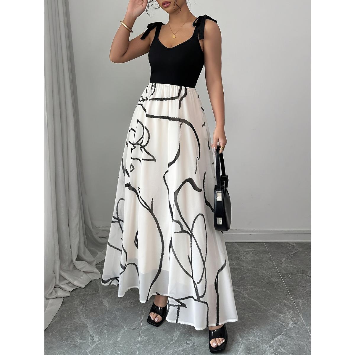 Summer Women Elegant Fashion Printed Long Dress, Casual Versatile European American Style Dress S