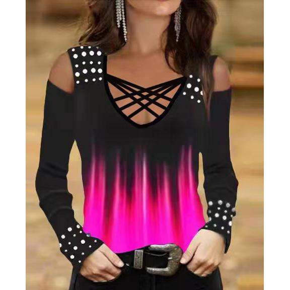 Top da donna Moda da donna Stampa a fiamma Manica lunga Slim Scollo incrociato Taglie forti T-shirt Top stampato morbido confortevole
