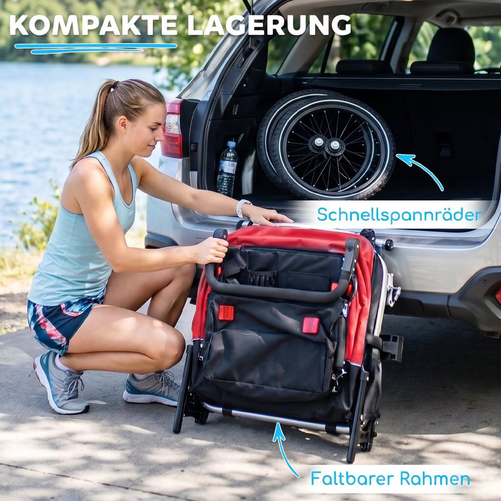 Bike Trailer for Kids, 2-Seater, 2-in-1 Foldable Kids' Bike Trailer with Adjustable Seat and Harness, Red