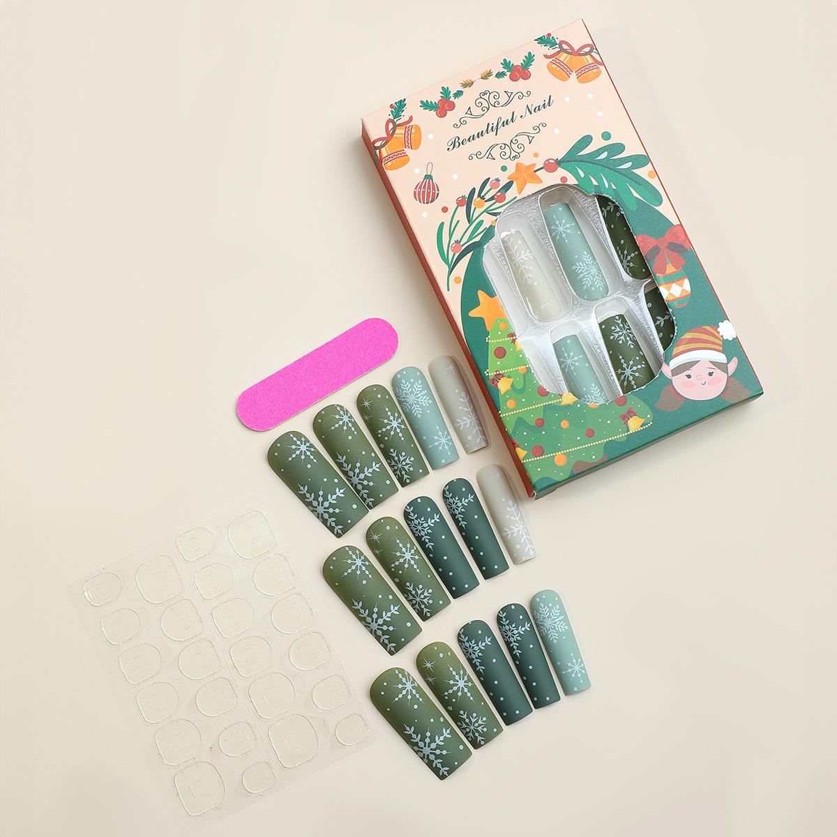 

Luxury Christmas Snowflake Green Long Wearable Nail Art - Elegant Light-Up Stick-On Nails