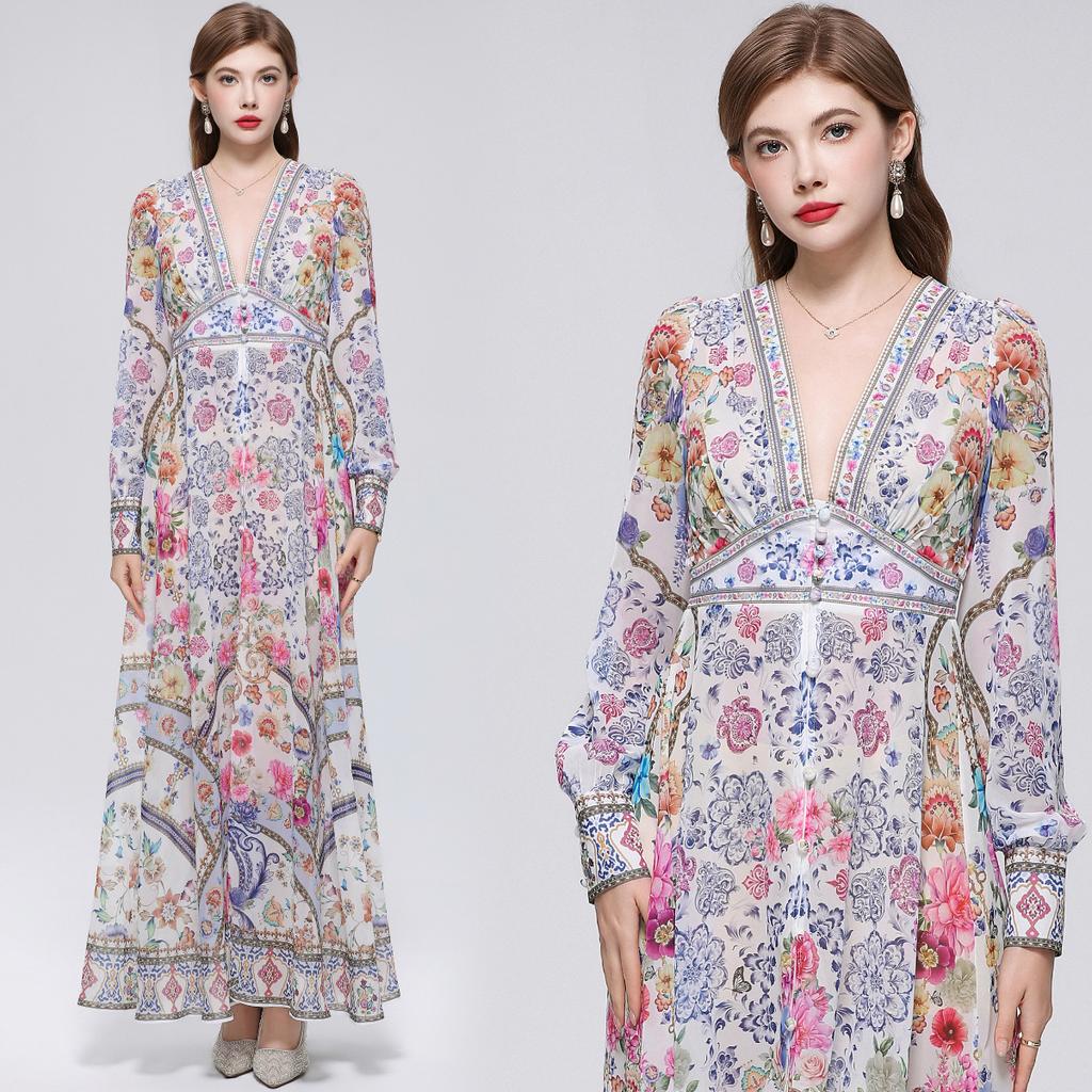 Summer Holiday Gorgeous Flower Beach Dress Women Deep V-Nek Long Sleeve Floral Print High Elastic Waist A-Line Maxi Dress