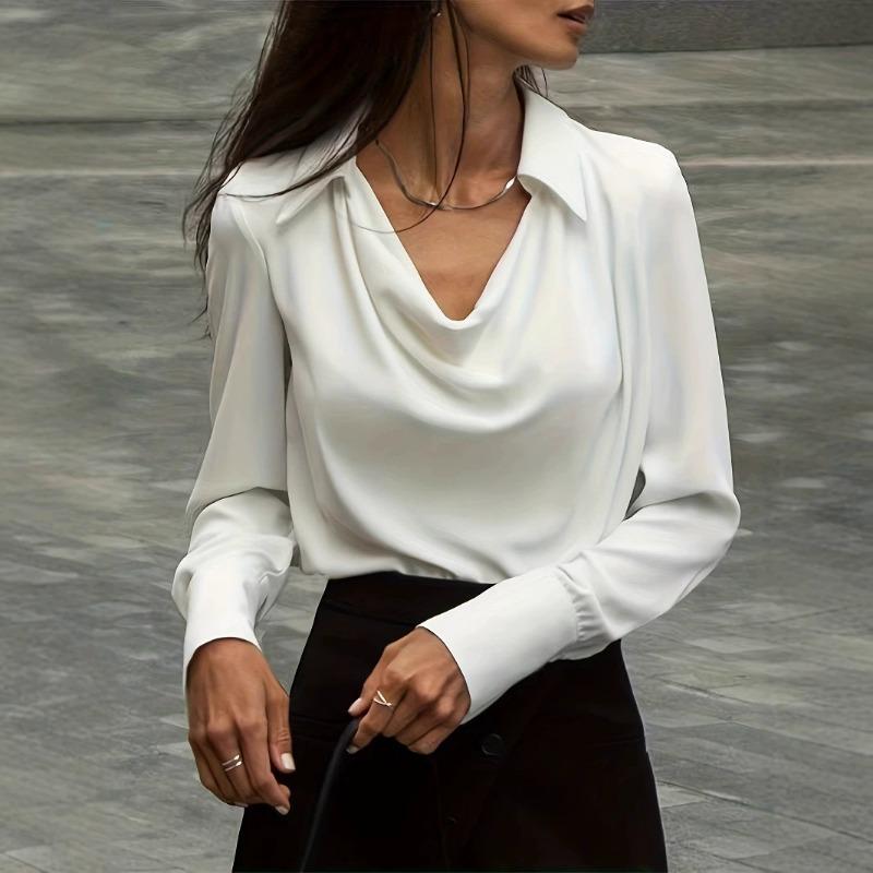Solid Color Cowl Neck Long Sleeve Elegant Office Women Blouse Shirt S