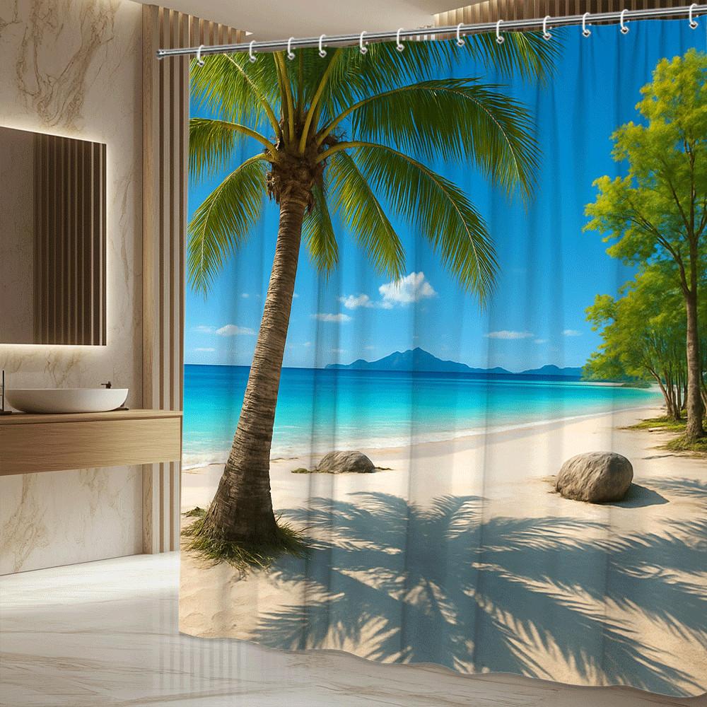 Tropical Palm Beach Shower Curtain Crystal Blue Ocean White Sand And Coconut Tree Summer Paradise Decor Waterproof Quick Setup