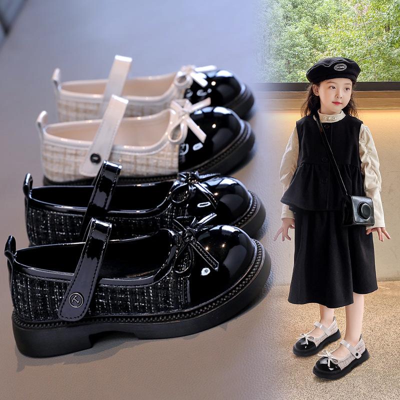 Girls' Spring and Autumn Leather Shoes for Middle and Older Children, Soft-soled Black Performance Shoes