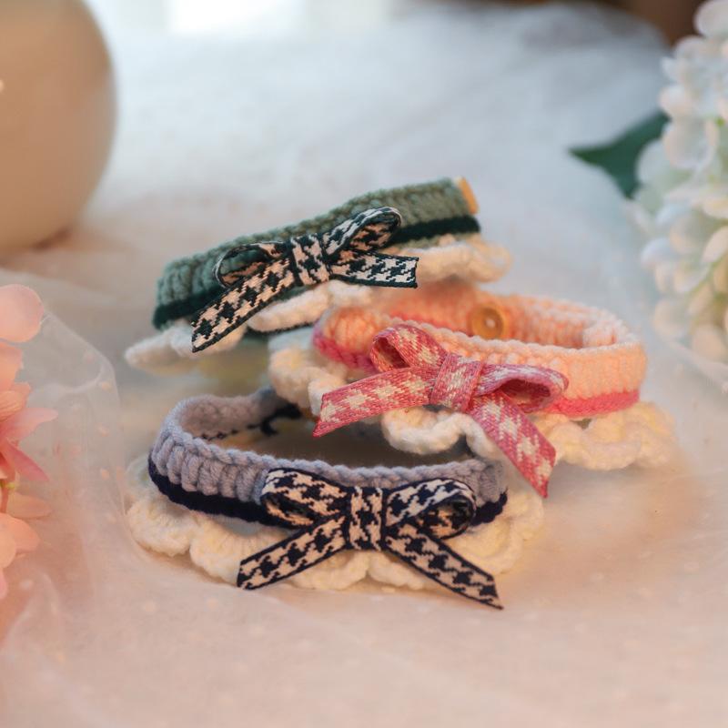 New Japanese-style sweet pet collar, cat neck scarf, knitted soft scarf with bow decoration, dog collar