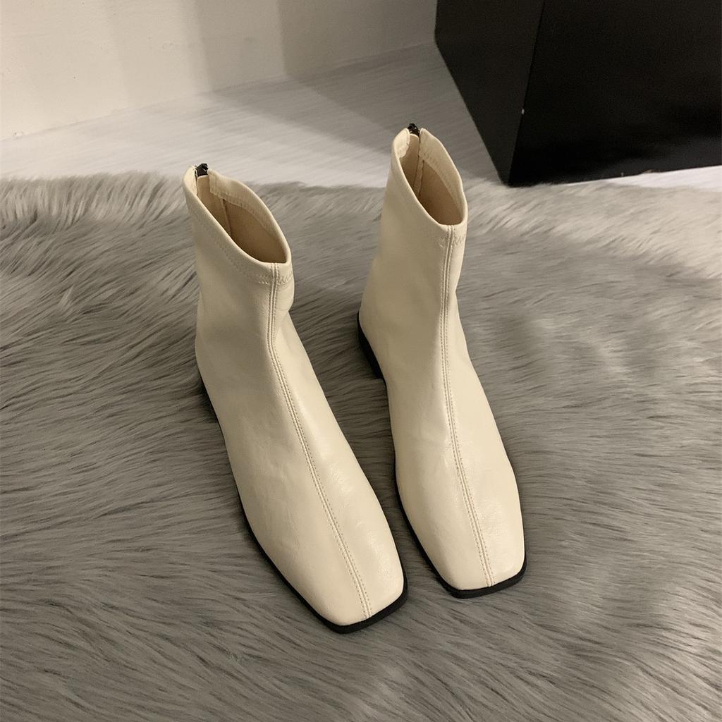 2025 Autumn and Winter New Minimalist Soft Leather Square Head Versatile Low-heeled Martin Boots Women's Rear Zipper Flat-bottomed Thin Short Boots
