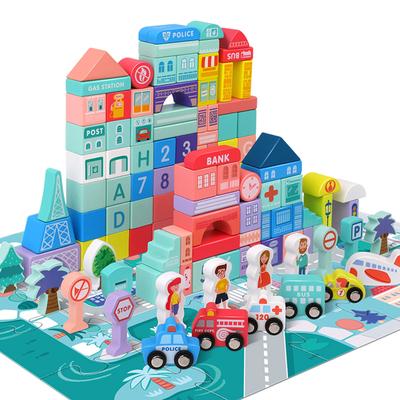 Wooden Building Blocks Set With City Map For Toddlers, Wooden Blocks City Construction Stacker Stacking Preschool Learning Educa