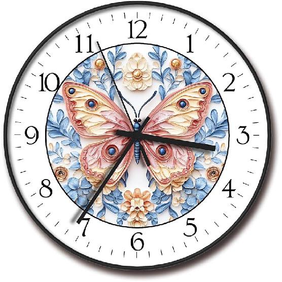 8 inch Vibrant Color Butterfly Pattern, Wall Mounted Clock, Analog Wall Clock Decorative Elegant Wall Clock for Kitchen, Bedroom, Wall Decor 8 inch