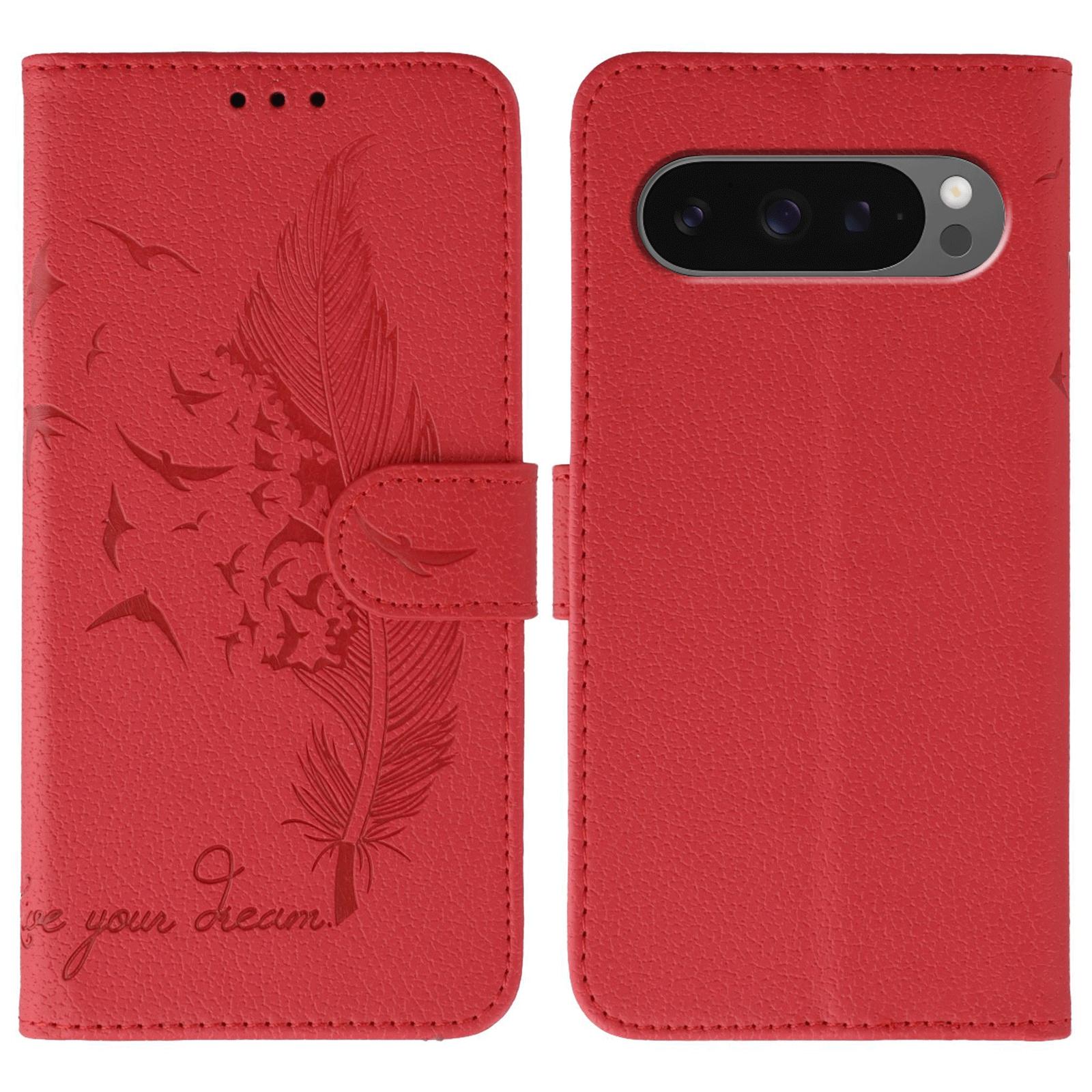 

Phone Case For Google Pixel 10/10 Pro/9/9 Pro Feather Imprint PU Leather Wallet Cover Red
