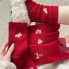 Dark Red Sock Children's Style Winter and Autumn Double Embroidery Wedding and New Year Mid-length Socks