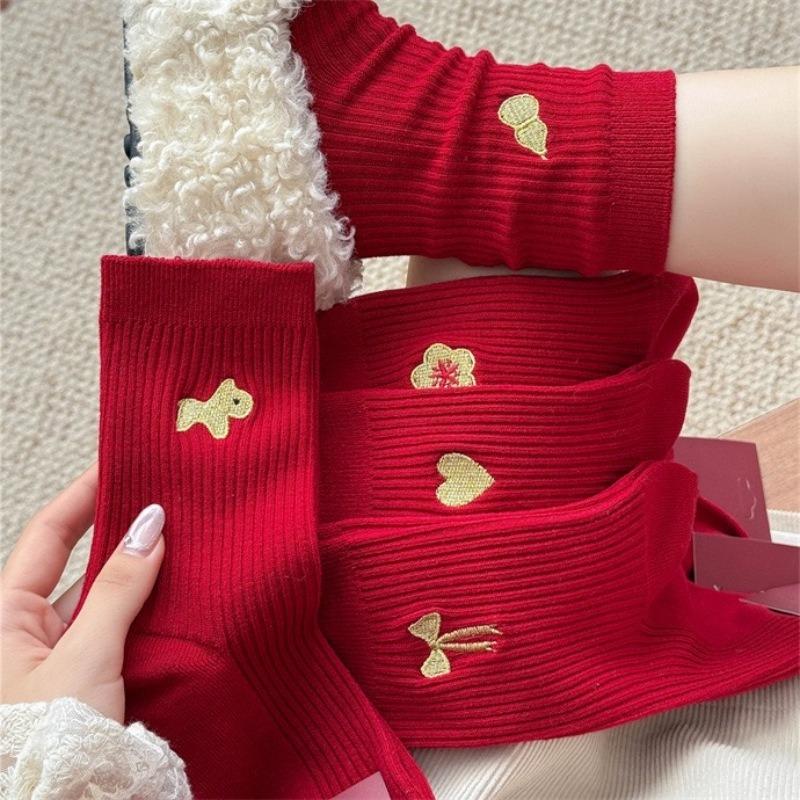 Dark Red Sock Children's Style Winter and Autumn Double Embroidery Wedding and New Year Mid-length Socks