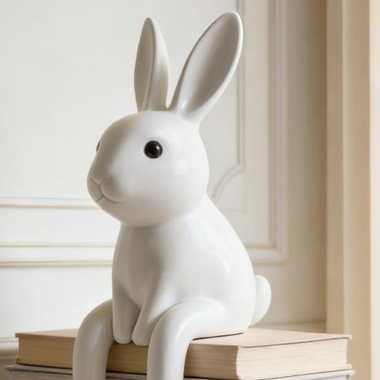 Bunny Figurine Easter Rabbit Sculpture White Rabbit Modern Resin Statue for Desk Cabinet Bookshelf Counter