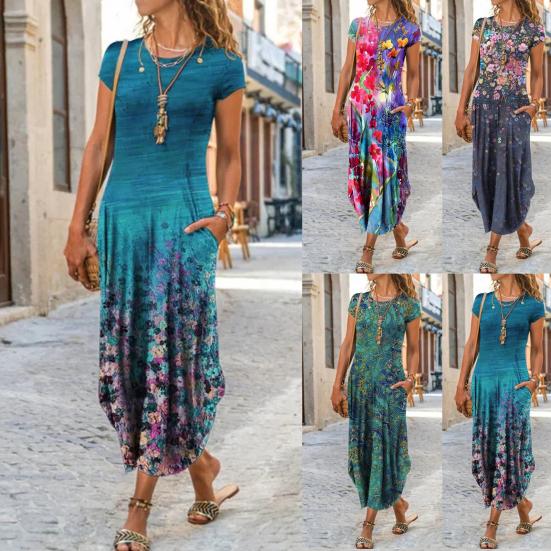 Mode Frauen Kleid Rundhals Kurzarm Taschen Floral Print Lose Maxi