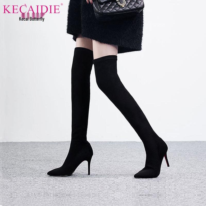 Women's Black Stiletto Over-the-Knee Boots with Velvet, 2025 Autumn/Winter Korean Style